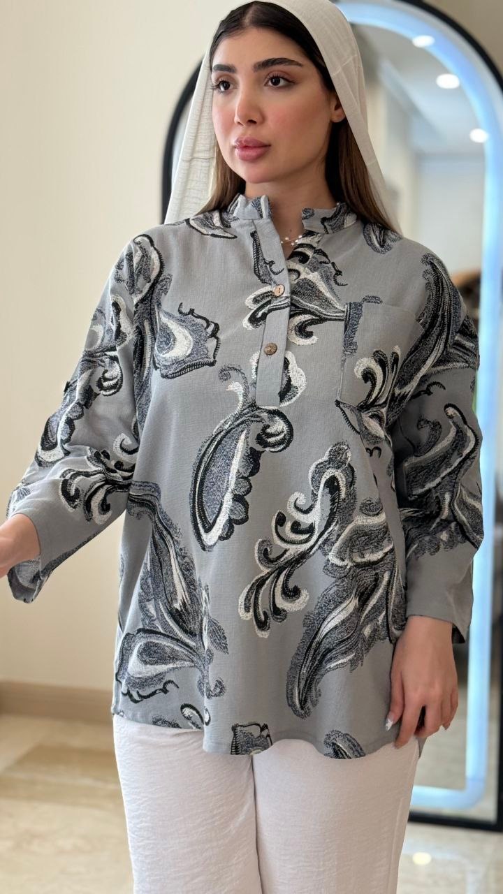 شومیز دخترانه مدل ترمه پارچه لینن کنفی ایتالیایی فری سایز تا ۴۸ ۵ رنگ جذاب - طوسی / فری سایز تا ۴۸