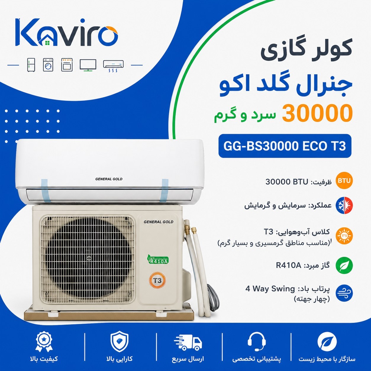 کولر گازی جنرال گلد مدل GG-BS30000 ظرفیت ۳۰ هزار اسپلیت دیواری