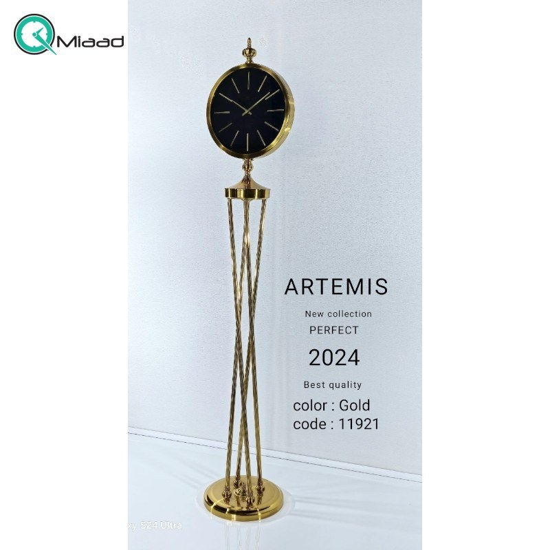 ساعت ایستاده آرتمیس مدل 5020، ساعت سالنی با آبکاری PVD درجه یک و کالکشن 2024، دارای پایه های زیبا،در چهار رنگ، موتور آرامگرد تایوانی ، رنگ طلایی صفحه مشکی