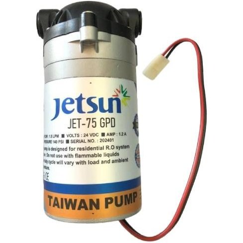 پمپ دستگاه تصفیه آب Jetsun وارداتی - تایوان پمپ دستگاه تصفیه آب Jetsun وارداتی - تایوانپمپ JETSUN یکی از قوی ترین و معتبرترین پمپ های دیافراگمی (Booster Pump) موجود در بازار دستگاه های تصفیه آب خانگی RO است که ۱۰۰٪ وارداتی از تایوان (ساخت کمپانی Jetsun RO Co., Ltd. تایوان) می باشد. این برند تایوانی از سال ۱۹۹۳ در زمینه تولید سیستم های اسمز معکوس و