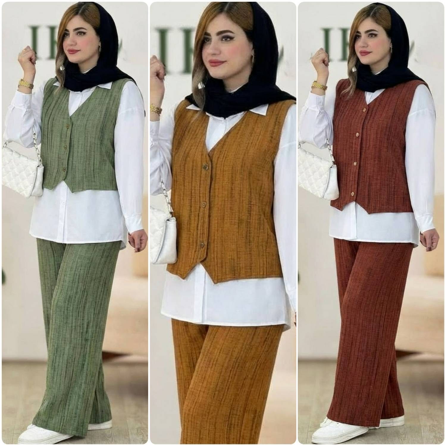 ست سه تیکه زنانه شومیز و ژیله و شلوار شانتون سایز ۳۸ تا ۴۶