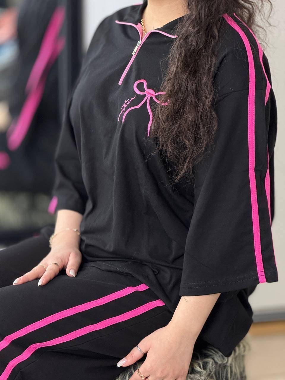 ست تیشرت شلوار زنانه ژاله گلکسی رنگ مشکی با نوار و پاپیون صورتی