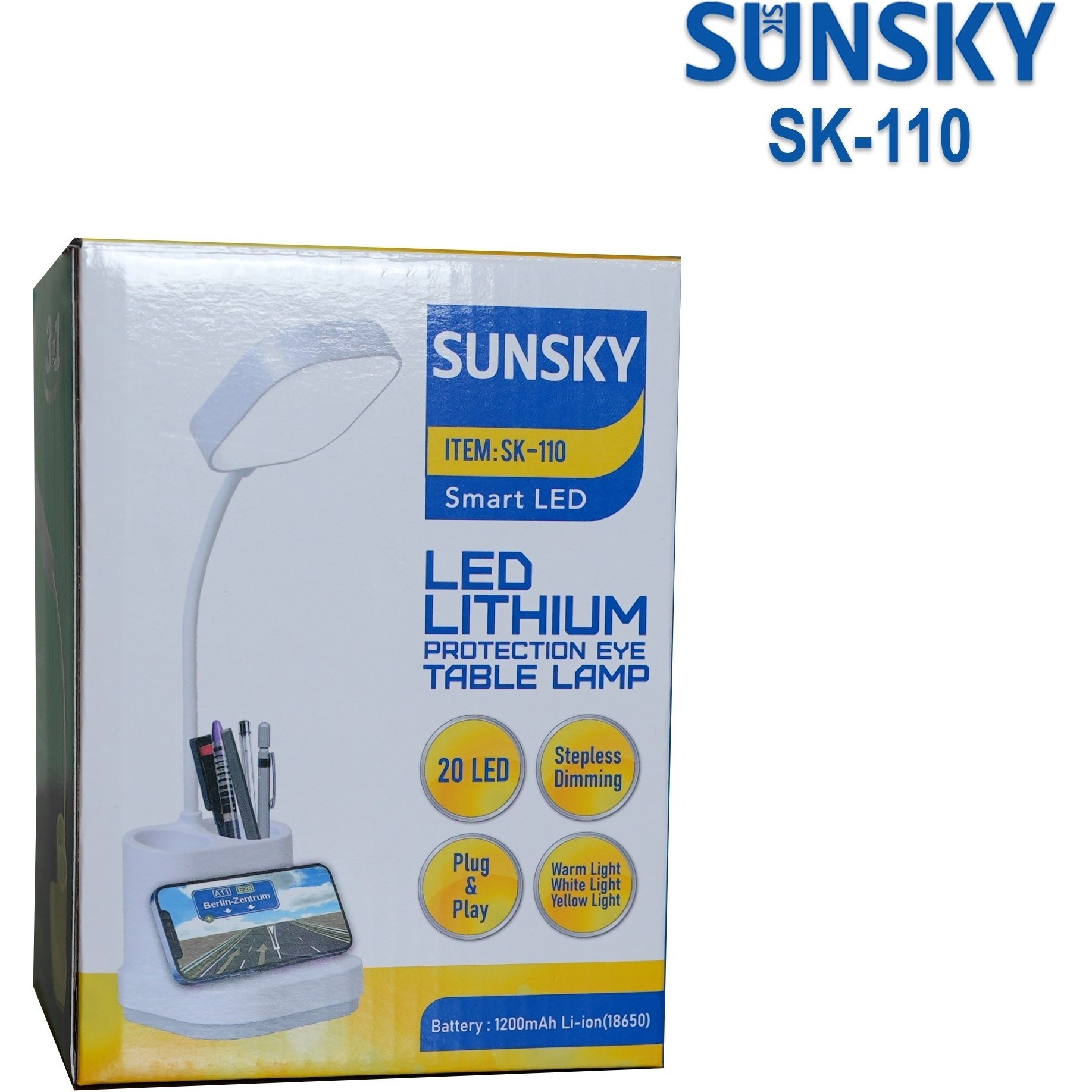 چراغ مطالعه شارژی لمسی سه کاره SUNSKY مدل SK-110 جا قلمی،هولدر موبایل،نور سه حالته قابل تنظیم