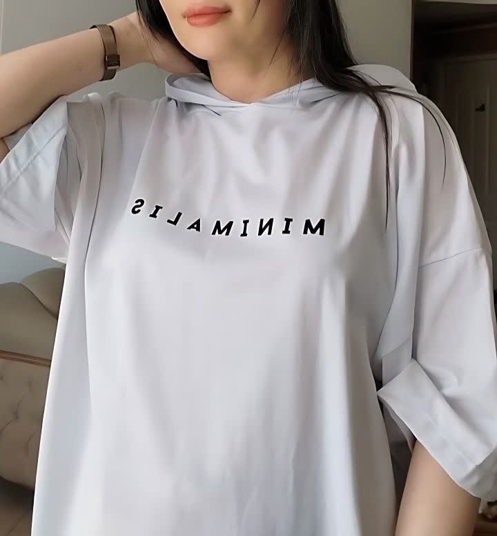 تیشرت زنانه کلاهدار فری سایز نخ پنبه رنگ سفید و مشکی