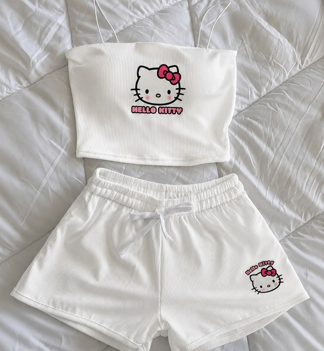 ست تاپ و شورتک زنانه فانریپ مدل هلوکیتی کد 80405 Women’s Ribbed Top & Shorts Set Hello Kitty Model